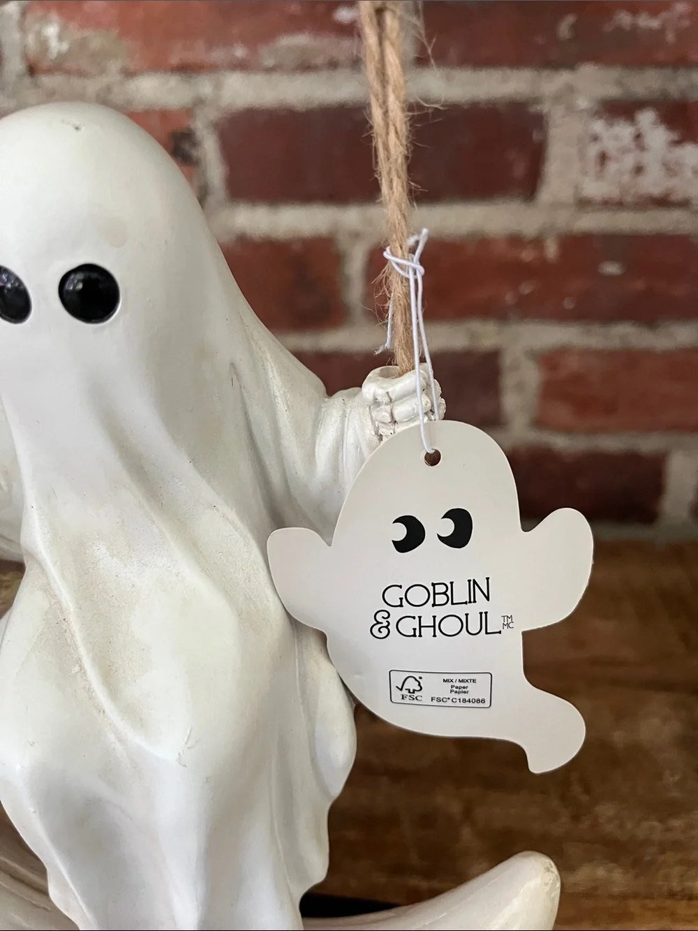 White Ghost on Crescent Moon Halloween Figurine